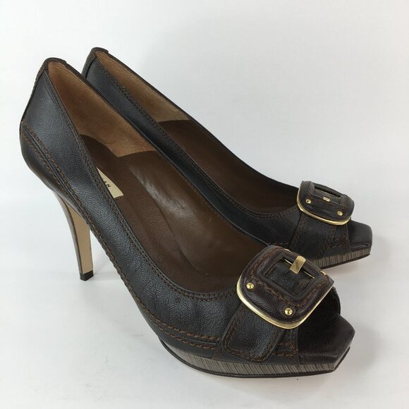 Zara Brown Leather Peep Toe Front Buckle Heels Size 41 - Picture 2 of 16
